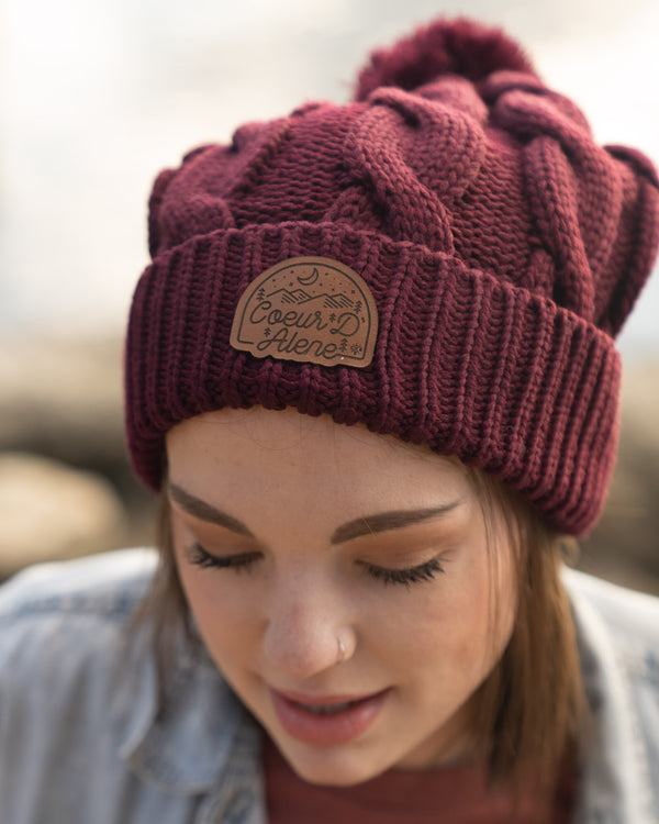 Maroon Cable Knit Pom-Pom Leather Night Patch Beanie