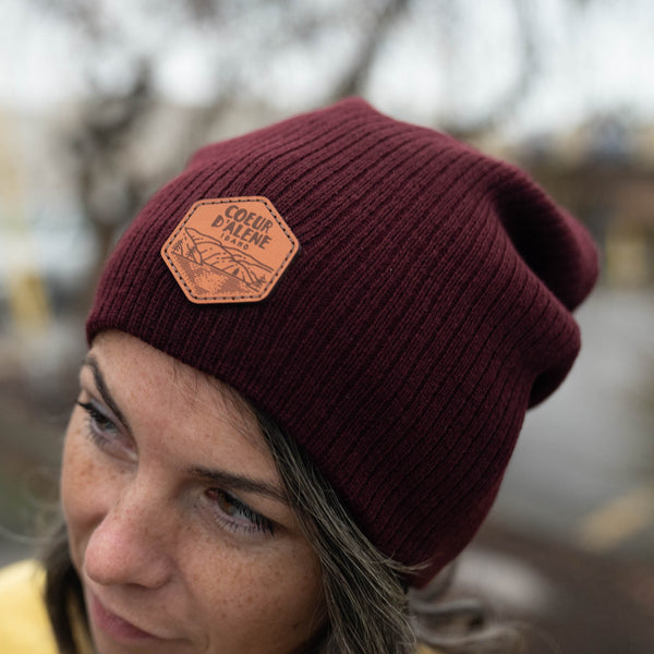 Maroon Leather Patch Slouchy Beanie