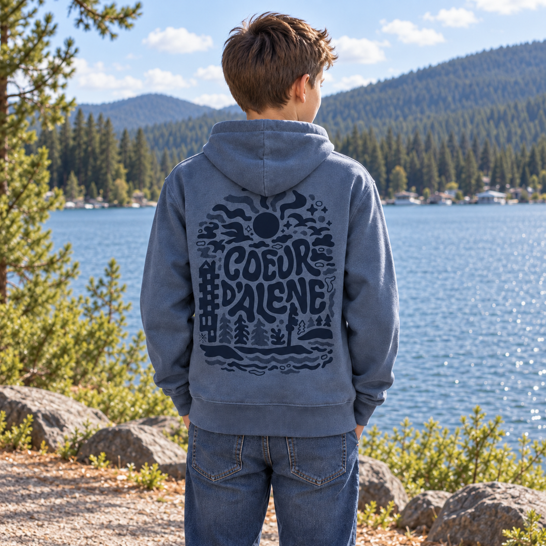Storm Blue Coeur d'Alene Sunny Daze Youth Hoodie back