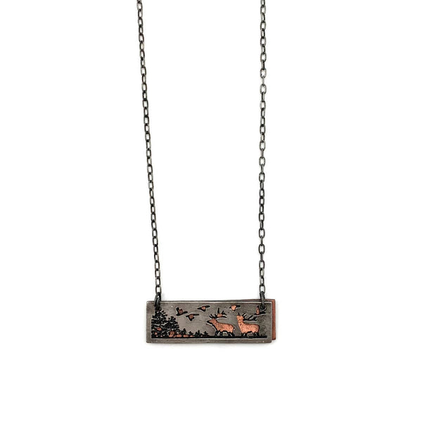 Pewter Necklace - Elk in Rectangle Looking Up