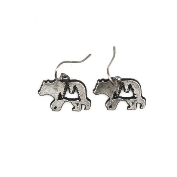 Pewter Earrings - Tree Cutout Inside Bear