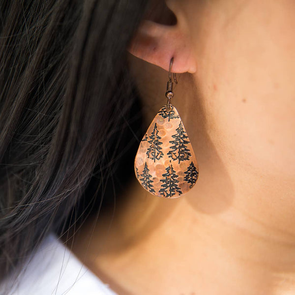 Pine Trees Copper Engraved Earrings