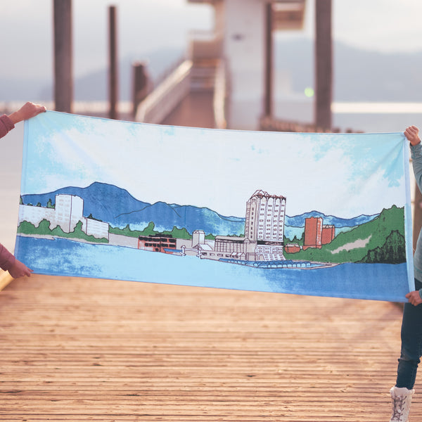 Coeur d'Alene Watercolor Skyline Beach Towel