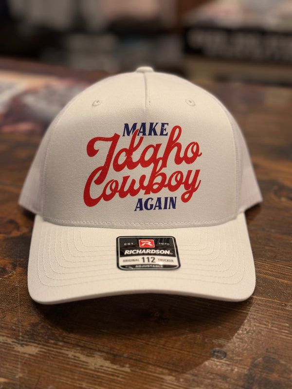 Make Idaho Cowboy Again White Trucker Hat