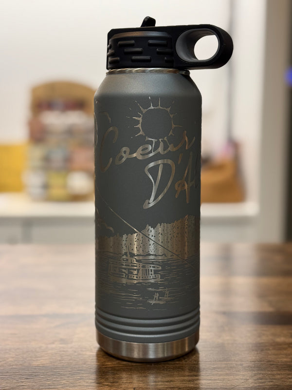 Coeur d’Alene Beach Views Wrapped 32oz Water Bottle (Gray)