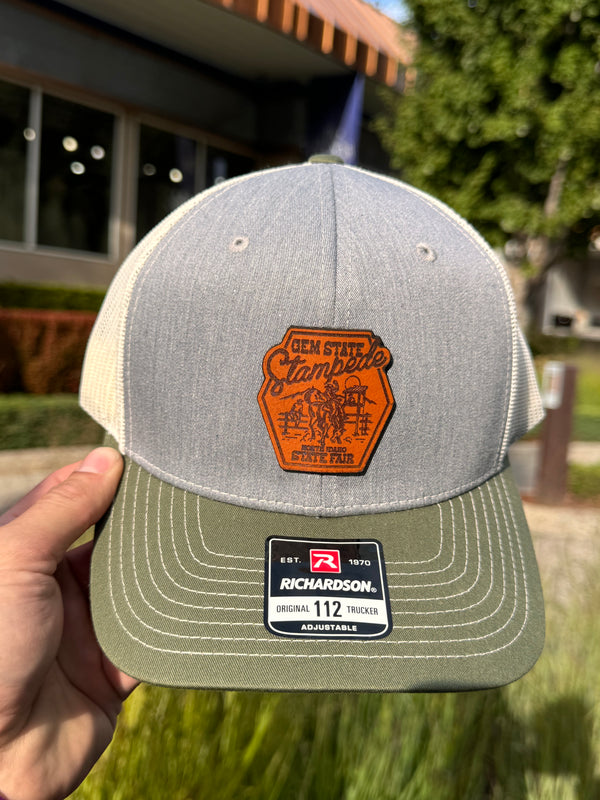 Gem State Stampede Hexagon Leather Patch Heather Birch Army Trucker Hat