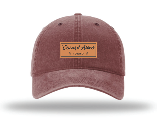 Coeur d'Alene Idaho Leather Patch Dark Maroon Pigment Dye Hat