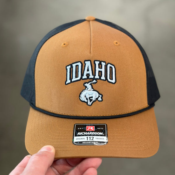 Embroidered Collegiate Idaho Cowboy Trucker Hat (Caramel / Black w/Rope)