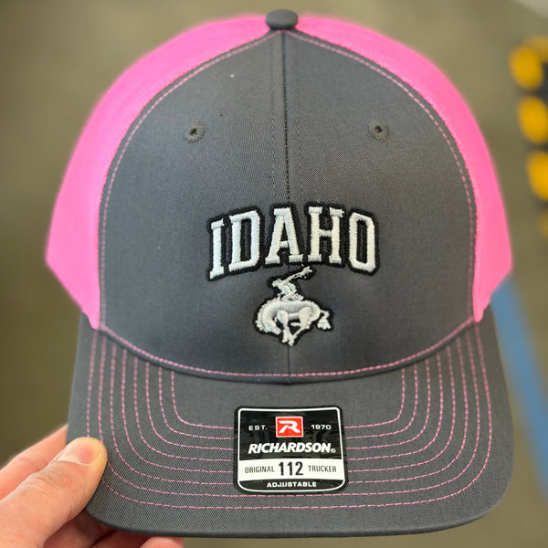 Embroidered Collegiate Idaho Cowboy Trucker Hat (Charcoal / Pink)
