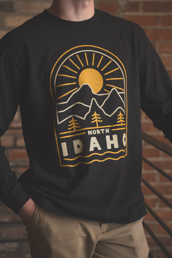 North Idaho Sunrise Long Sleeve Tee - Black (100% Cotton)