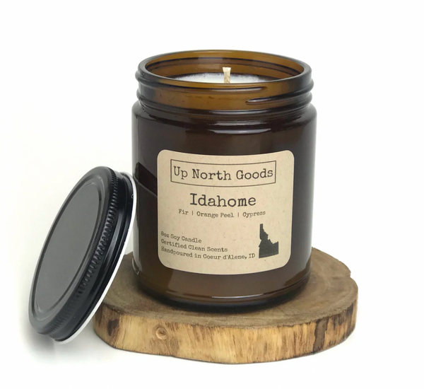 Idahome 8oz Soy Candle by Up North Goods (amber vessel)