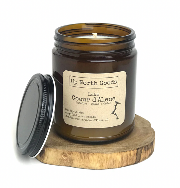 Lake Coeur d'Alene 8oz Soy Candle by Up North Goods (amber vessel)