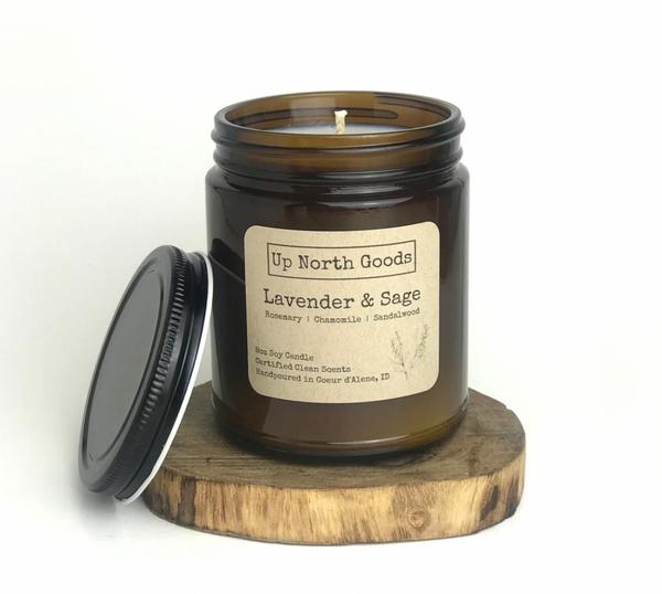 Lavender & Sage 8oz Soy Candle by Up North Goods (amber vessel)