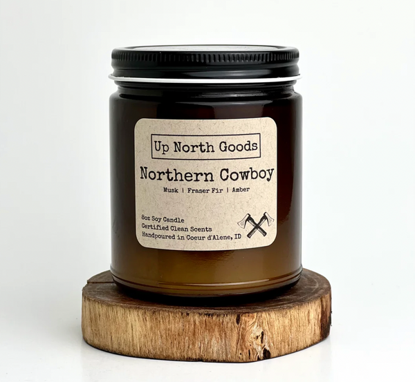 Northern Cowboy 8oz Soy Candle by Up North Goods (amber vessel)