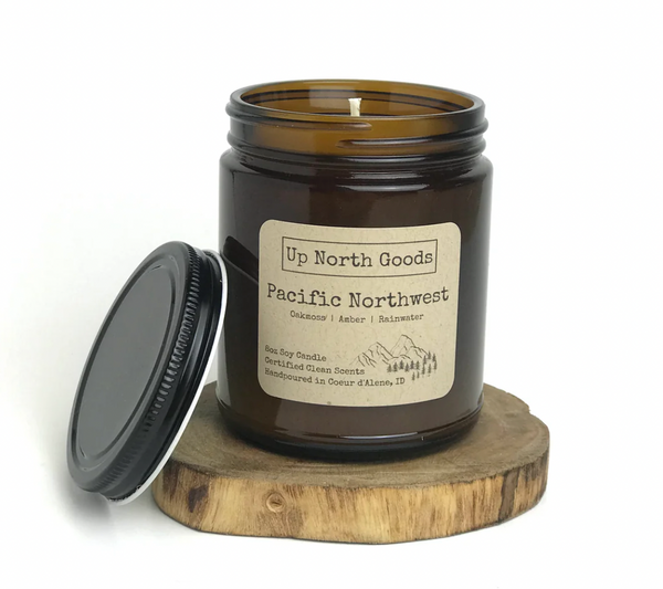 Pacific Northwest 8oz Soy Candle by Up North Goods (amber vessel)