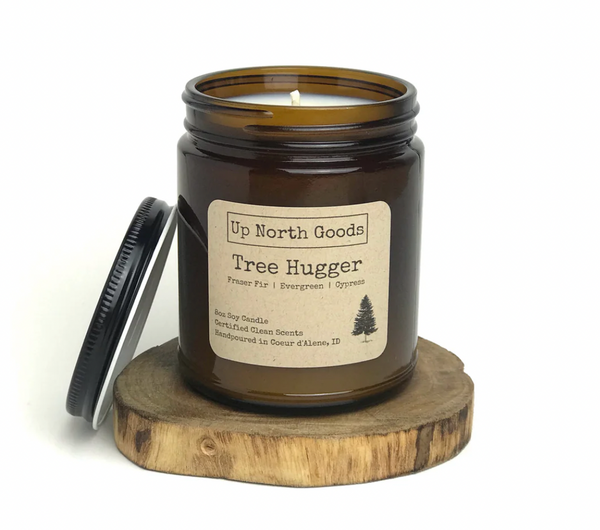 Tree Hugger 8oz Soy Candle by Up North Goods (amber vessel)