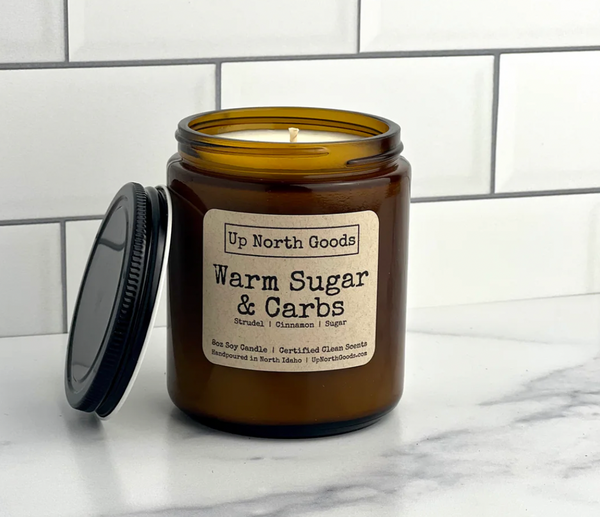 Warm Sugar and Carbs 8oz Soy Candle by Up North Goods (amber vessel)