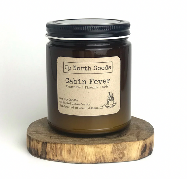 Cabin Fever 8oz Soy Candle by Up North Goods (amber vessel)