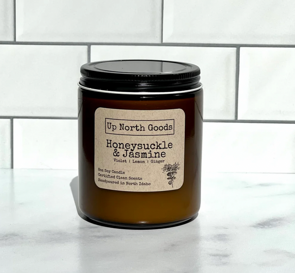 Honeysuckle & Jasmine 8oz Soy Candle by Up North Goods (amber vessel)