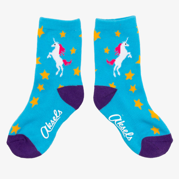 Aksels kids Unicorn socks in turquoise with white unicorns, yellow stars and purple heels and toes