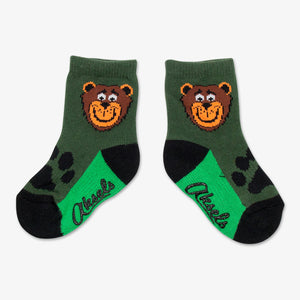 Aksels toddler Happy Bear socks in green with smiling bear face and paw prints