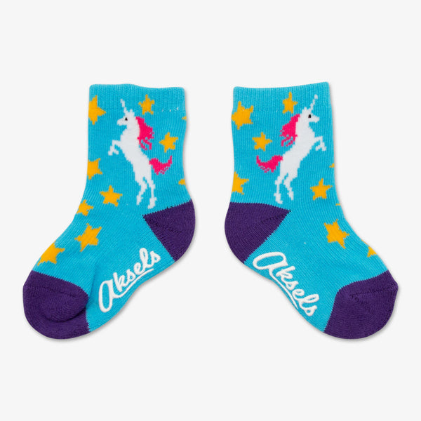Aksels toddler Unicorn socks in turquoise with yellow stars and purple heels and toes