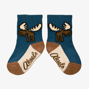 Aksels toddler Merry Moose socks in blue with cartoon moose and tan soles