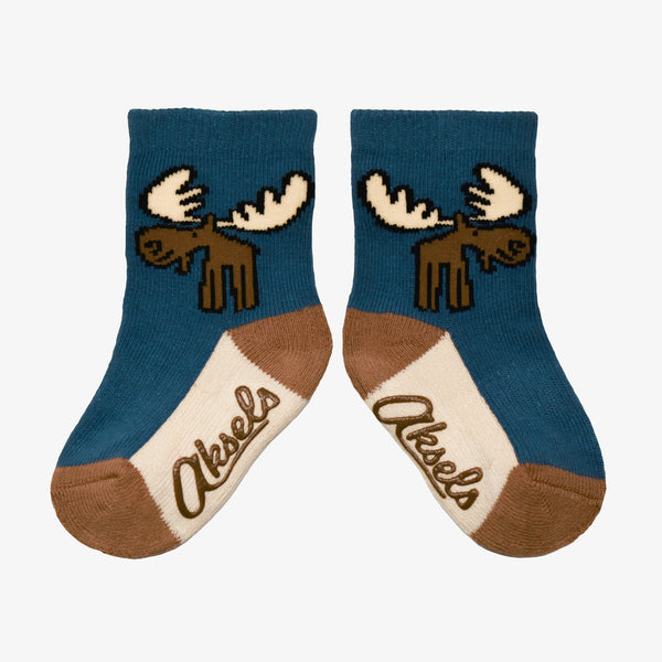 Aksels toddler Merry Moose socks in blue with cartoon moose and tan soles