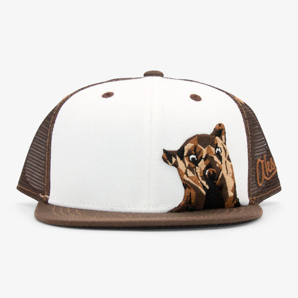 Aksels Kids Bear flatbill snapback hat in brown and white