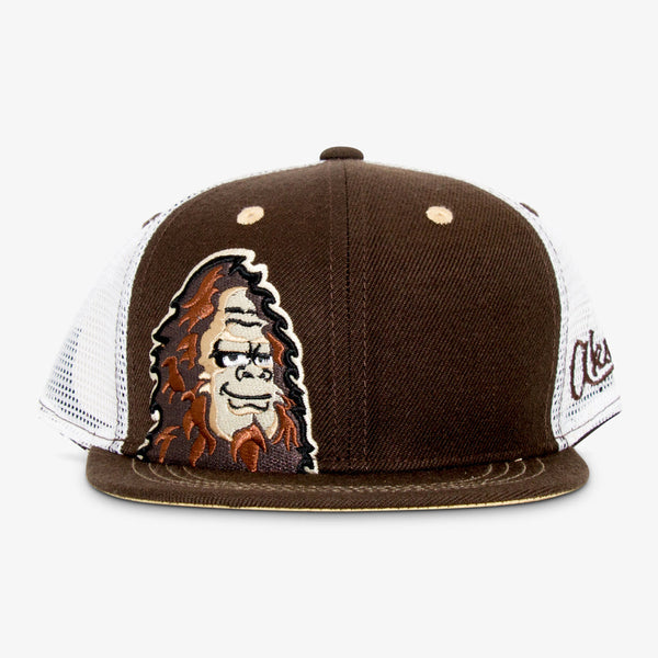 Aksels kids Bigfoot flatbill snapback hat in brown and white