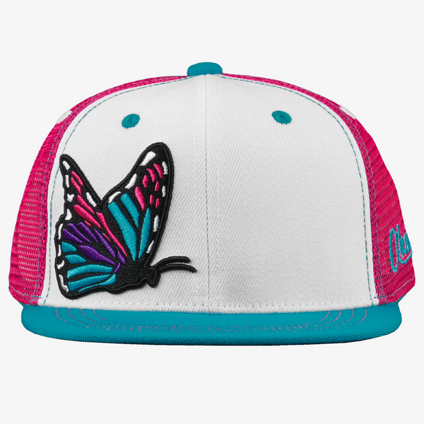 Aksels Butterfly White kids flatbill snapback hat with pink mesh and teal bill