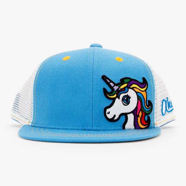 Aksels Kids Unicorn flatbill snapback hat in blue and white with rainbow mane