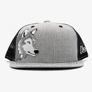 Aksels Kids Wolf flatbill snapback hat in gray with black mesh back