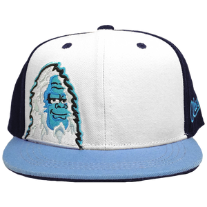 Aksels Wild Yeti kids flatbill snapback hat in white and navy with light blue bill