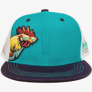 Aksels Pretty Fly Rooster teal kids flatbill snapback hat with white mesh and navy bill
