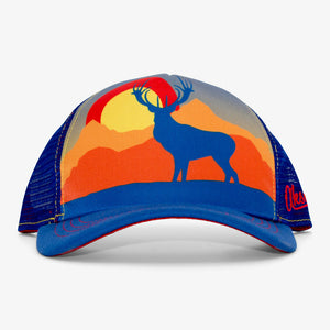 Aksels Elk Sublimated curved bill trucker hat with blue elk and orange mountain sunset