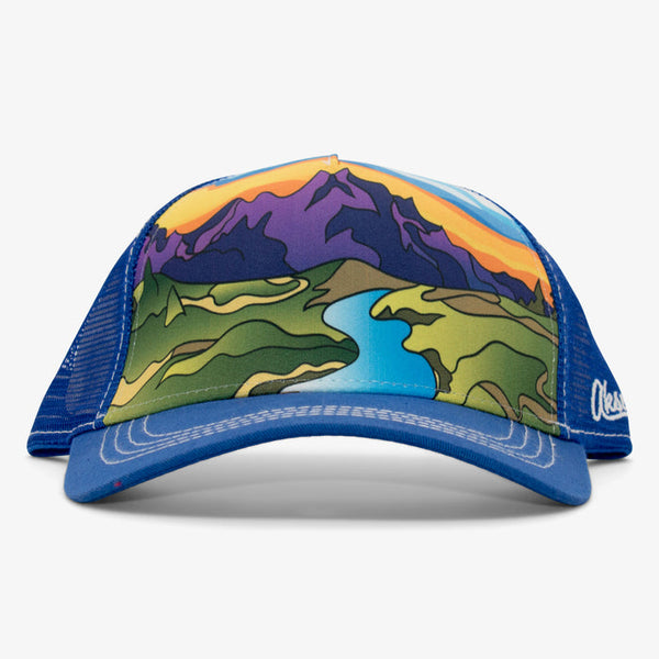Aksels Summer Mountain Curved Bill Trucker Hat - Royal Blue