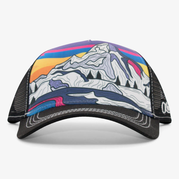 Aksels Winter Mountain Curved Bill Trucker Hat - Black & Purple Sky