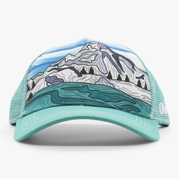 Aksels Winter Mountain Curved Bill Trucker Hat - Teal & Blue Sky
