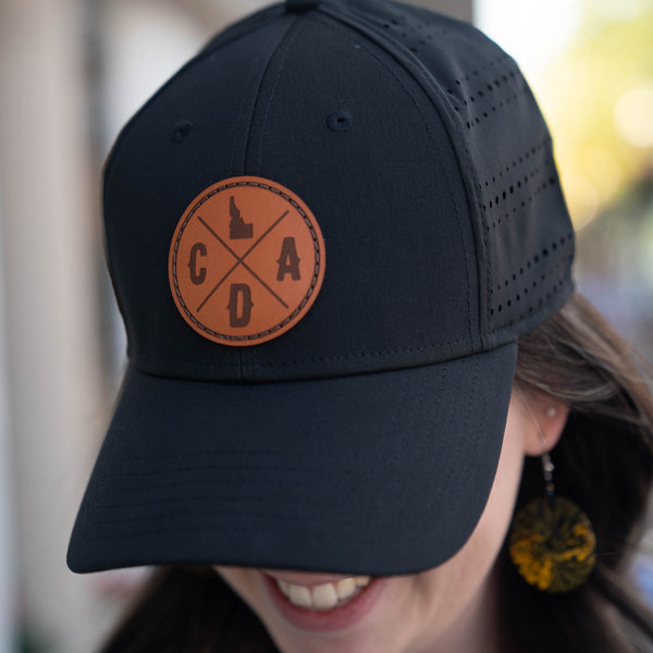 Black Perf Hat with Dark Leather Logo Patch