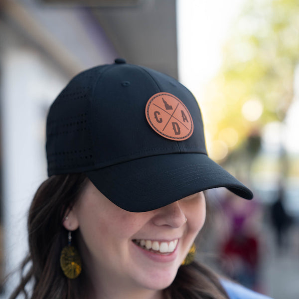 Black Perf Hat with Dark Leather Logo Patch