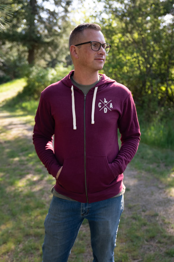 CDA Idaho Logo 1887 Lake Maroon Zip Hoodie