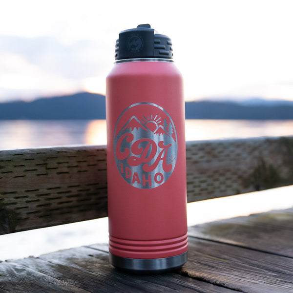 CDA Idaho Happy Mountains Matte Coral Insulated 32oz Flask