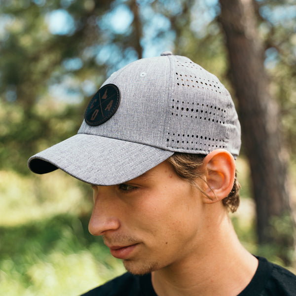 Gray Heather Perf Hat, Black Leather Logo