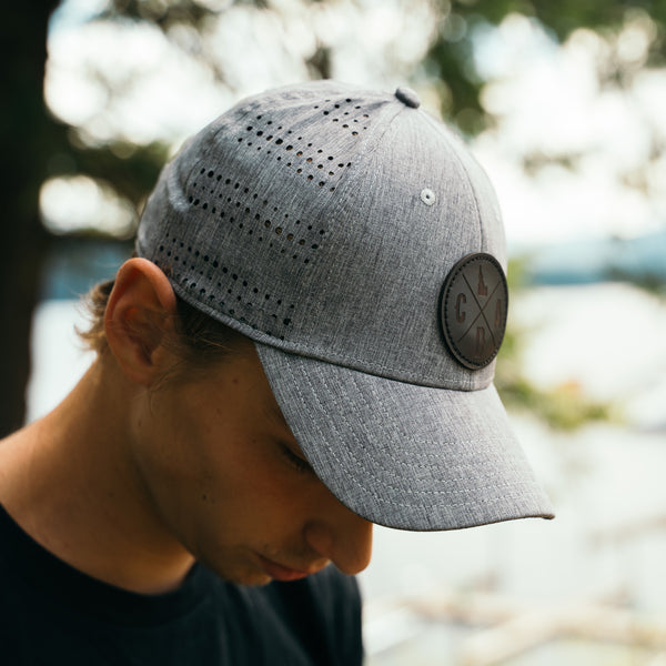 Gray Heather Perf Hat, Black Leather Logo