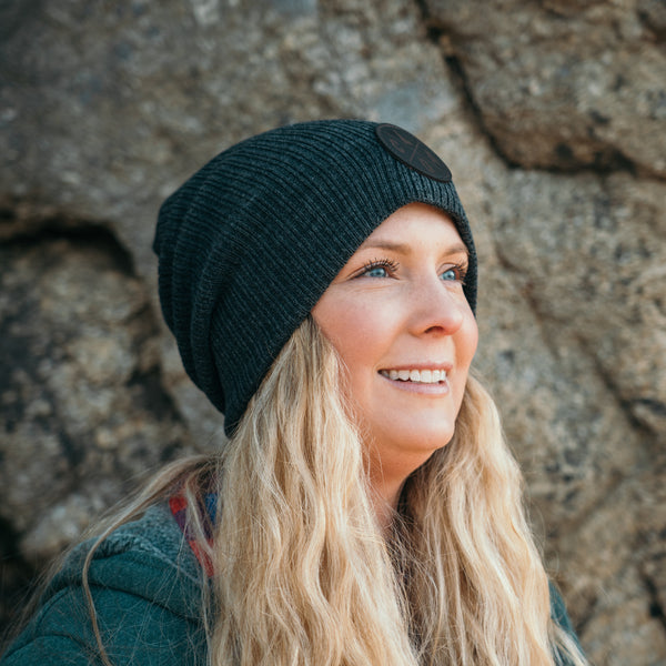 Dark Heather Leather Patch Slouchy Beanie