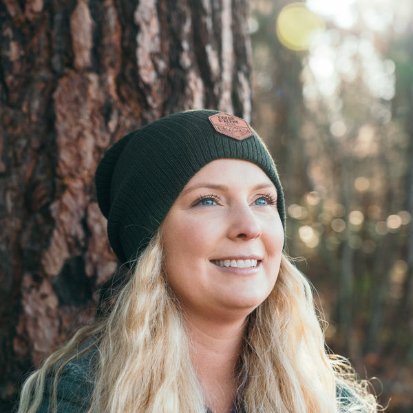 Forest Green Leather Patch Slouchy Beanie