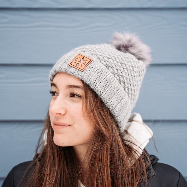 Gray Delicate Leather Logo Patch Beanie