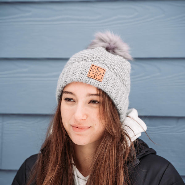 Gray Delicate Leather Logo Patch Beanie