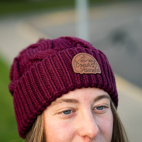 Maroon Cable Knit Pom-Pom Leather Night Patch Beanie